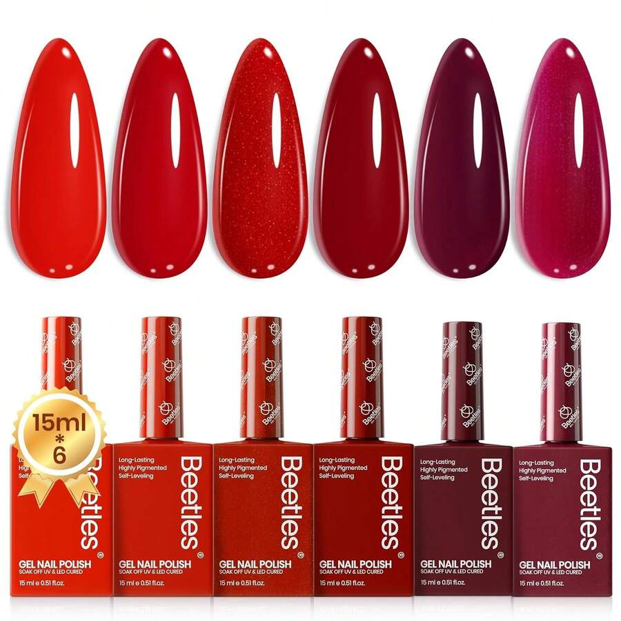 Beetles 15ML 6 Colors Red Gel Nail Polish Set, Shimmer Bloody Red Burgundy Shades, Soak Off UV Full Size Manicure Kit, Colorful Bottle, Salon & DIY Gift For Women - 15ML 6 Colors Shimmer Bloody - 查看 1