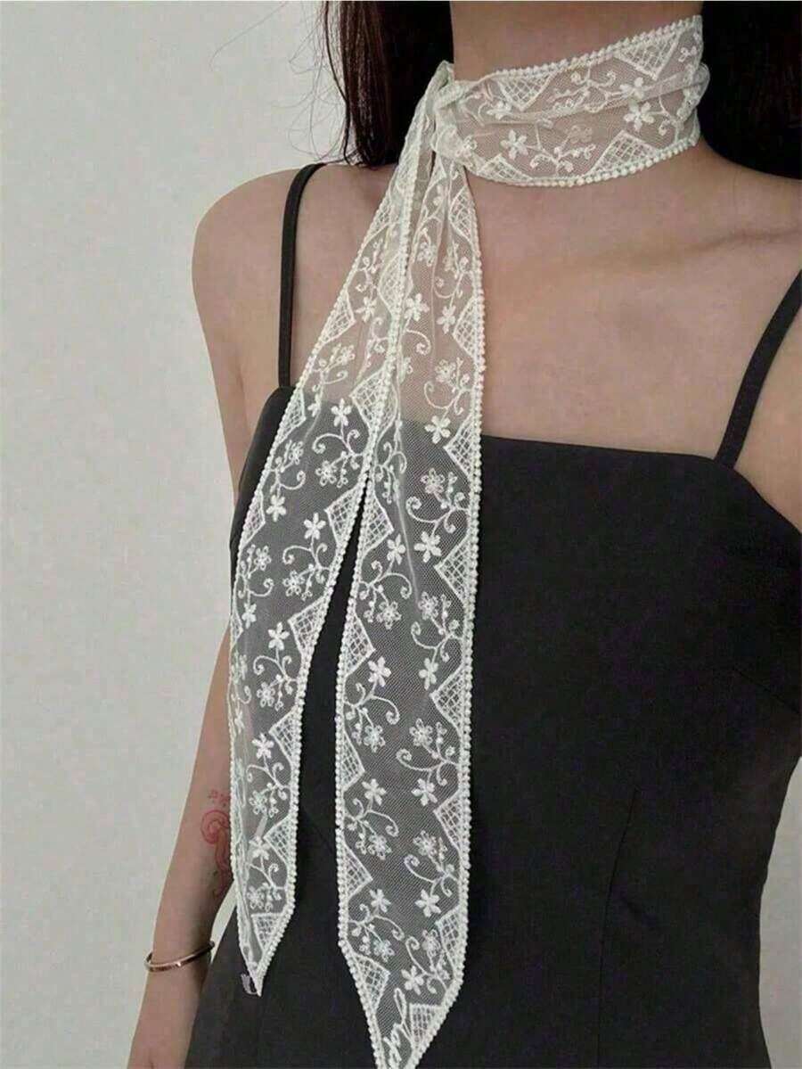 1pc Soft And Elegant Lace Scarf Fashion Botanical Scarf Embroidery Office Ladies Wrist Hair Bands Scarf Turban Headscarf Neck Towel - 白色 - 查看 1