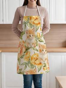 1 pieza, Delantal de poliéster con patrón de gato lindo, adecuado para cocinar, hornear y jardinería - se puede usar como atuendo para la cocina y el comedor. - Multicolor - Ver 2