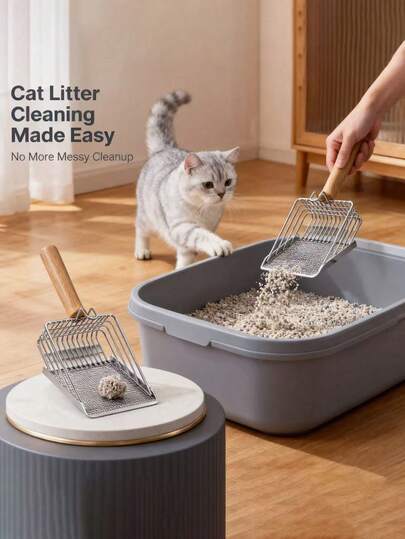 Bộ dụng cụ vệ sinh cho mèo gồm 1 xẻng xúc cát bằng sắt, tay cầm bằng gỗ, có móc treo tiện lợi để cất giữ và vệ sinh. Đây là bộ dụng cụ vệ sinh thú cưng tốt nhất. Xẻng xúc cát này thích hợp để dọn dẹp khay vệ sinh của mèo và là vật dụng không thể thiếu đối với những người nuôi mèo.
