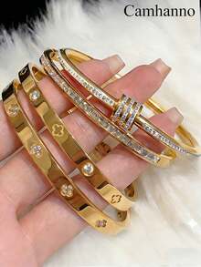 Camhanno 5/1pc Refined Graceful Stainless Steel Bangle Set, 5Pcs Seamless Stackable Design With Inlaid Decor & Mixed Accent, Blends With Work Attire And Evening Gatherings, Modern Mixed Style Enhances Any Look, Heartfelt Present For Close Companions On Special Days, Adds A Touch Of Sophistication To Intimate Dates And Daily Commute - Multicolor - View 13