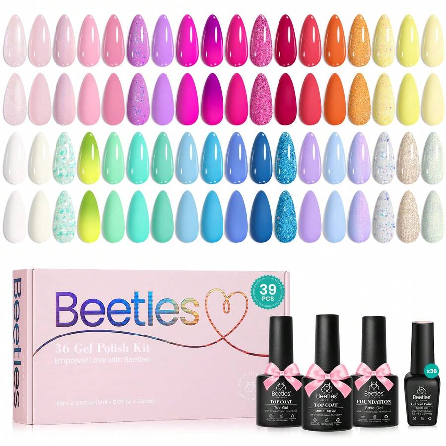 Beetles 39Pcs 36 Colors Colorful Candies Gel Nail Polish Set, Spring Pink Red Blue Purple Shades, With Base & Top Coat, Soak Off UV LED, Salon DIY Home Manicure Kit, Gifts For Women Girls - 39Pcs 36 Colors Colorful Candies - 查看 1