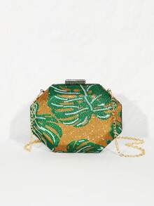Dedoo Crystal Bag Encrusted With Green Leaves Rhinestone Bag Clutch Bag Chain One Shoulder Evening Bag Chain Handbag, Dinner Party, Party, Preferred. - Green - View 6