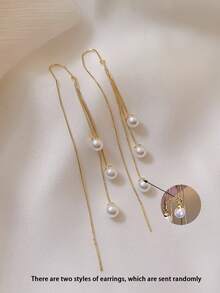 Andkiss 1 Pair Women Pearl Tassel Ear Chain (Earrings Have 2 Random Styles Of Detailed Parts) - Multicolor - View 4