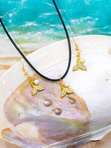 3件套欧美时尚珍珠鱼尾吊坠项链耳环首饰套装 - 金黃色 - 查看 2