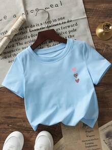Baby GirlMinimalist Plaid Graffiti Letter Print Round Neck Short Sleeve Cute Top - Baby Blue - View 4