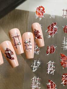 2片装 5D 立体法式格纹美甲贴纸 玫瑰红爱心抽象线条美甲贴纸 Y2K 格纹爱心设计美甲用品 - 彩色 - 查看 8