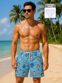 Custom Men's Beach Shorts, Sexy Personalized Couple Portraits, Family Members, Pets, Cartoon Patterns, Suitable For Vacation Parties, Fun Beach Shorts - Multicolor - View 3