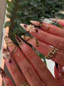 24pcs Acrylic Stiletto Nail Art Kit, Includes Chic Patterns Like Fierce Bull, Champagne Gemstone, Sexy Leopard Print, Golden Wavy Beaded Chain, 3D Carved Blushing French Tip Style, Daily Wear & Party Essential Portable False Nails With 1pc Nail File And Jelly Gel - 彩色 - 查看 1