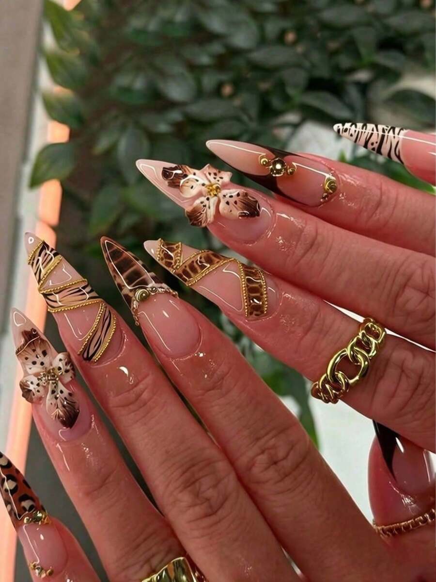 24pcs Acrylic Stiletto Nail Art Kit, Includes Chic Patterns Like Fierce Bull, Champagne Gemstone, Sexy Leopard Print, Golden Wavy Beaded Chain, 3D Carved Blushing French Tip Style, Daily Wear & Party Essential Portable False Nails With 1pc Nail File And Jelly Gel - 彩色 - 查看 1