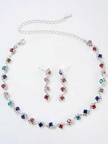 3件套极简主义项链耳环首饰套装，全镶水晶爪链，新娘清新生日派对礼物套装，女士 - 彩色 - 查看 16