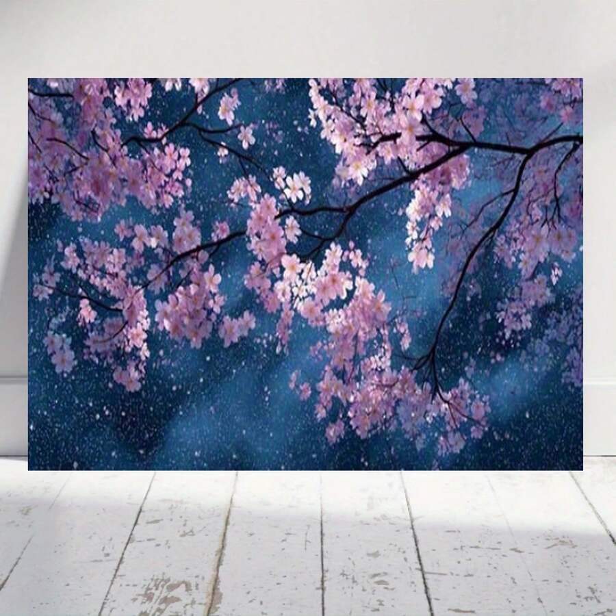 Arte de pared plano 2D, Arte de pared plano 2D, Arte de pared plano 2D contemporáneo de flor de cerezo en diseño plano 2D - Obra de arte rosa y púrpura en lienzo azul oscuro con marco de madera, Imagen horizontal estilo caligráfico para sala de estar, dormitorio u oficina - Regalo perfecto (Sin marco blanco) - Enmarcado - Ver 1