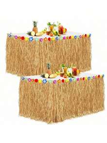 Luau Grass Table Skirt Grass Table Skirt Natural With Hibiscus Flowers Hawaiian Luau Tropical Party Decor Fringe Party Decoration For Costume Tropical Hawaii Birthday, Straw Yellow - Yellow - View 12