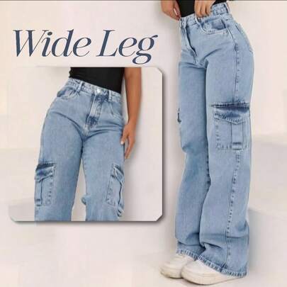 Calça Cargo Jeans Feminina Lavagem Clara Wide Leg Trendy