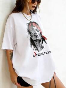 Camiseta de algodón estampada de Michaels Jacksons Harajuku Rock Fashion casual de manga corta con cuello redondo transpirable Mujer de talla grande Mujer blanca de cuello redondo manga corta largo regular Ajustado informal de tejido de tejido para fiesta - Blanco - Ver 2