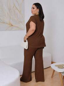 Women's Plus Size Elegant Asymmetrical Set In Premium Ribbed Anarruga Fabric, Short Sleeves, Wide-Leg Pants, Modern Look - Rust Brown - View 3
