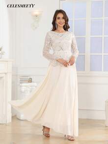 Elegant Apricot Sequin Embroidered Long Sleeve Shiny Dress With Chiffon Hem, Suitable For Weddings, Parties, Anniversaries Spring Party - Apricot - View 2