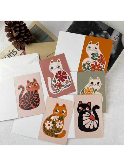 12pcs Cat Art Illustration Greeting Cards With Envelopes - Vibrant Floral And Cat Patterns Suitable For All Occasions - Great For Gifting To Friends, Teachers, Colleagues - Perfect For Birthday, Holiday, Thank You Cards And Cat Lovers
