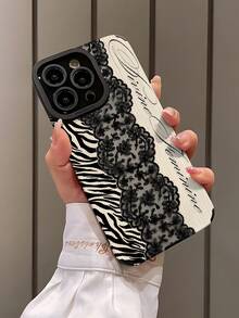 1个复古黑色蕾丝斑马纹英文竖款仿皮手机壳，防刮耐磨，优雅柔软，适合作为生日、节日礼物送给朋友、家人、情侣，适用于 17/17 Air/17 Pro/17 Pro Max、16/16 Plus/16 Pro/16 Pro Max、15/15 Plus/15 Pro - 彩色 - 查看 3