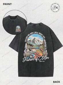Matthew's Gospel, Fishing, Fisherman, Religion, 230g Double-Sided Printed Batik Vintage Washed T-Shirt, 100% Cotton, Comfortable For Summer Wear, Simple And Casual, Men's Cool Short-Sleeve T-Shirt - 黑色 - 查看 1