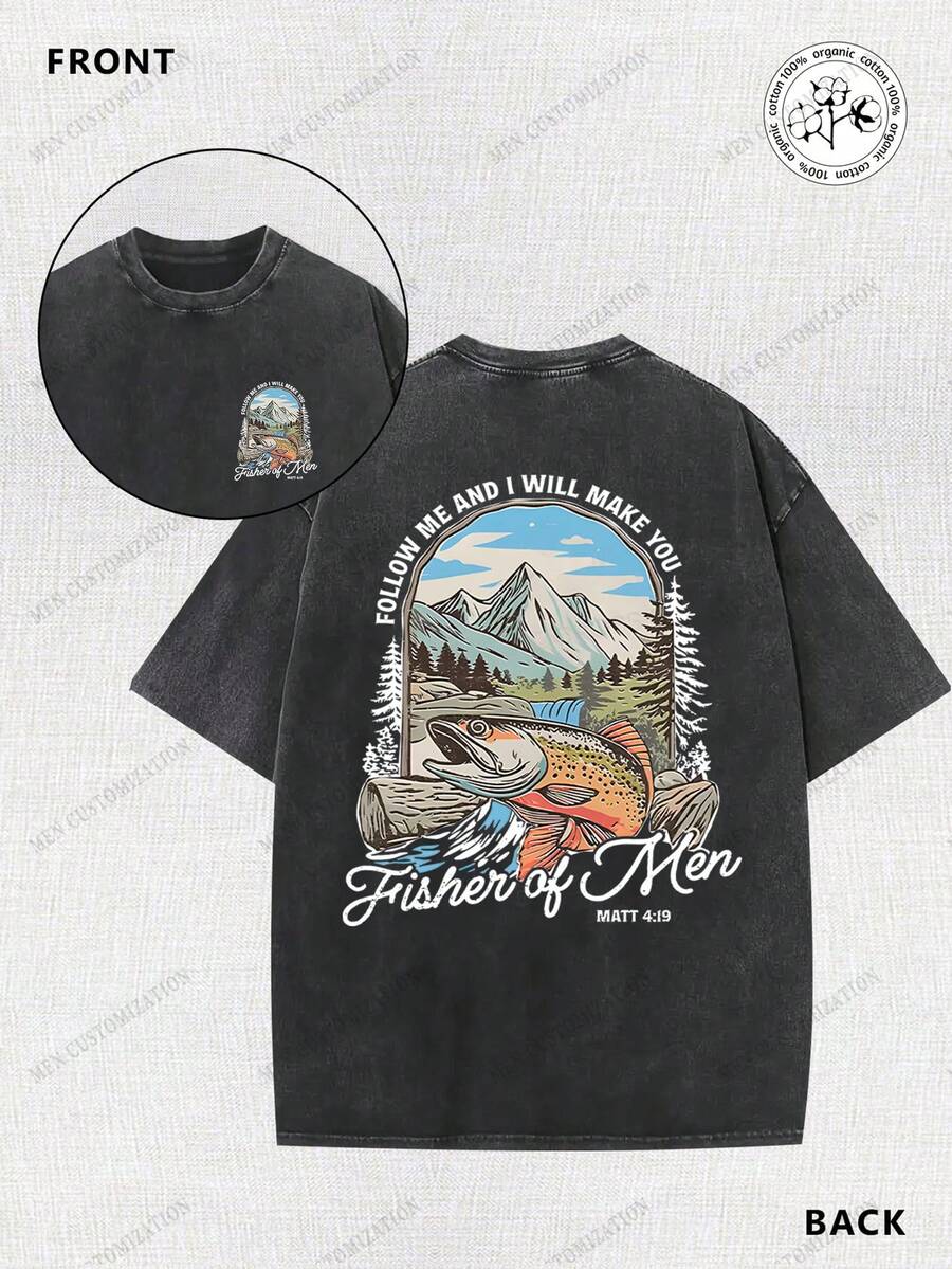 Matthew's Gospel, Fishing, Fisherman, Religion, 230g Double-Sided Printed Batik Vintage Washed T-Shirt, 100% Cotton, Comfortable For Summer Wear, Simple And Casual, Men's Cool Short-Sleeve T-Shirt - 黑色 - 查看 1