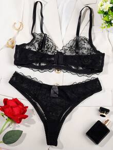 2 peças/Conjunto Lingerie Sexy Sutiã de Renda e Camisola Feminina, Conjunto de Sutiã Transparente com Alças Ajustáveis para Festa de Feriado - Preto - Visão 3