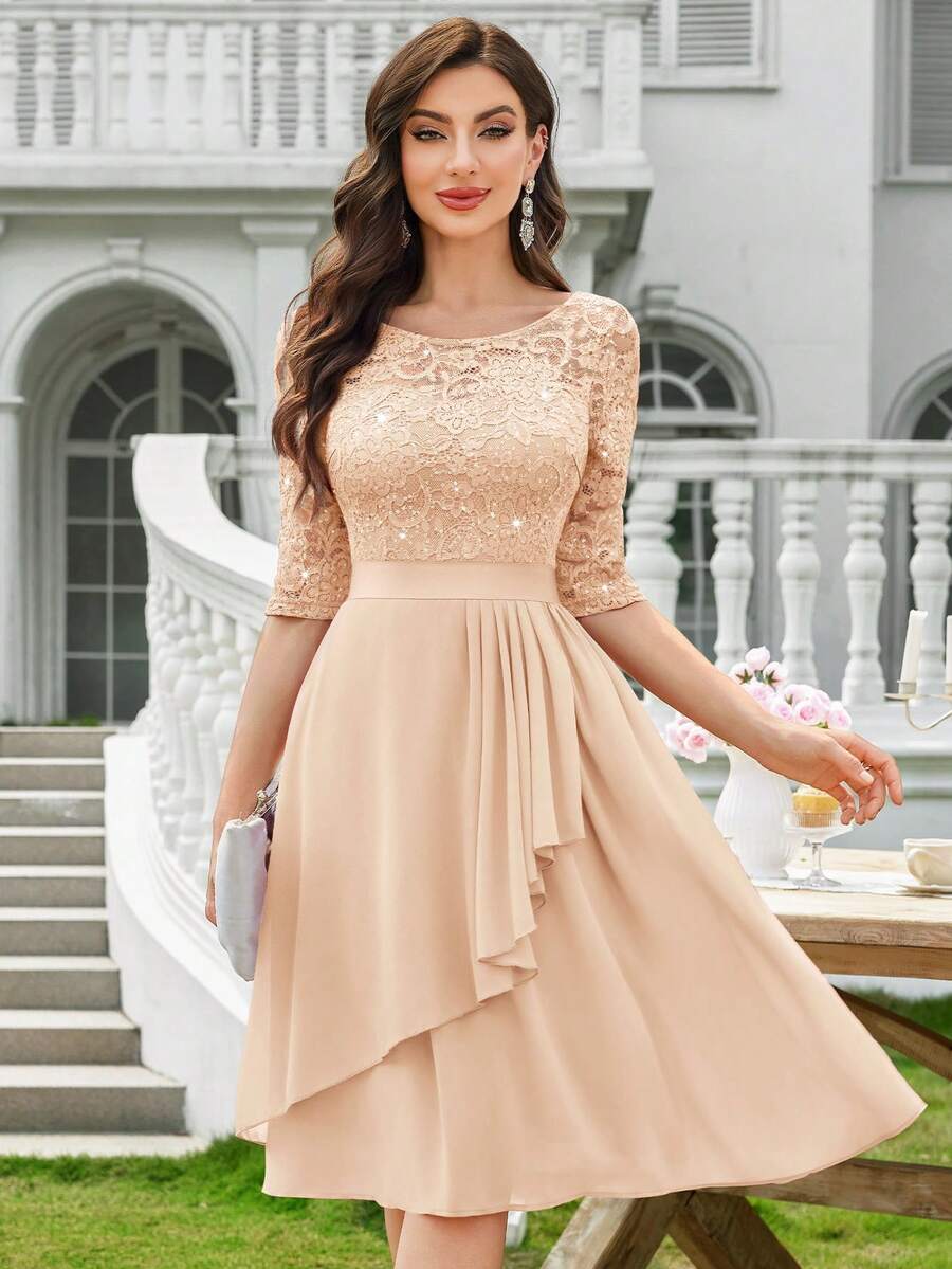 MIUSOL Sequin Floral Lace Round Neck Asymmetrical Pleated Hem Chiffon Half Sleeve Prom Party Swing Dress - 香檳色 - 查看 1