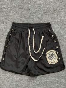 Men's Y2K Cargo Shorts With Saint Vanity Embroidered Patch & Metal Button Flaps - Drawstring Waist Utility Shorts For Streetwear - 黑色 - 查看 1
