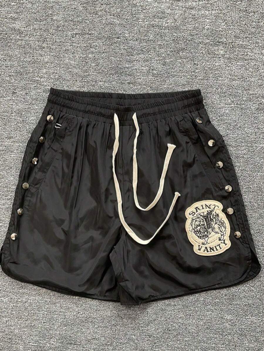 Men's Y2K Cargo Shorts With Saint Vanity Embroidered Patch & Metal Button Flaps - Drawstring Waist Utility Shorts For Streetwear - 黑色 - 查看 1