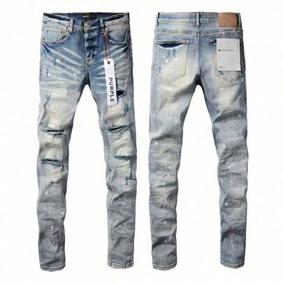 Men Purple 2026  Street Fashion Slim Fit Skinny Ripped Distressed Jeans Casual Straight Leg Pants