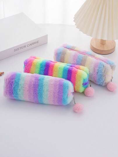 1个创意渐变软铅笔盒，彩色条纹设计学习文具收纳袋，精致桌面装饰便携式铅笔盒，用于办公桌整理和存放