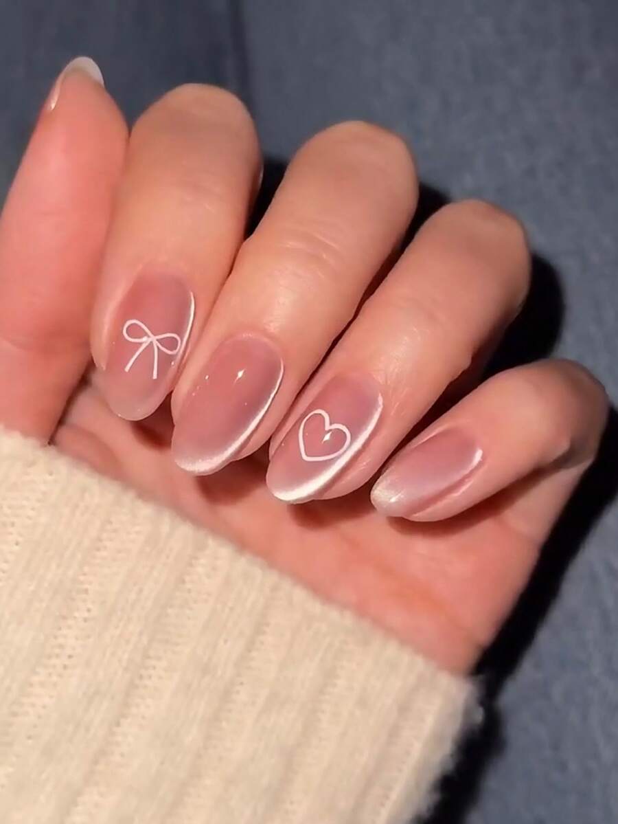 NAIO 24PCS Spring/Summer Y2K Style Press On Nails & Toe Nails Set, Almond Shape Design, Nude Cat Eye With French Tip, Heart & Bow Pattern Accents, For Women & Girls, Perfect For Party & Daily Wear, Comes With Tool Kit, Great Gift For Ladies, Nails Nail Supplies - Multicolor - View 1