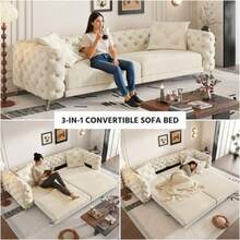 97.7" 3-In-1 Convertible Sleeper Sofa, 28.4" Deep Seat Pull Out Sofa Bed,Button Tufted Modern Sofa, 4-Seater Couch With Movable Ottoman  For Living Room, Apartment, Office, Bedroom,Beige/White - Albaricoque + Terciopelo + 4 plazas - Ver 8