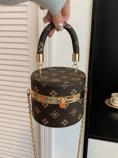 New Mini Fashionable Personalized All-Over Print PU Round Bucket Bag, Women's Metal Chain Handbag, Can Be Carried As A Shoulder Bag Or Crossbody Bag, Perfect For Shopping And Commuting