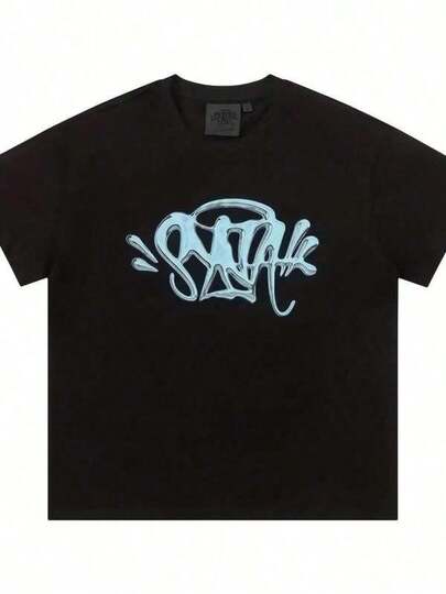 Short-Sleeve T-Shirt With Turquoise Blue Graffiti Print - Black Hip Hop Streetwear Style For Men & Women - Casual Top Y2K Turquoise Graffiti Printed T-Shirt