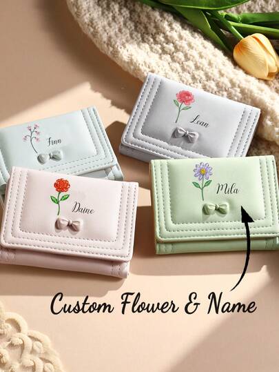 1pc Personalized Women's Leather Wallet, Customized With Birth Flower And Name, Women's Handbag, Gift For Mom, Birthday Gift For Her, Women's Wallet, Customized With Name And Birth Flower Pattern Women's Genuine Leather Wallet, Women's Purse, Gift For Mom, Gift For Her