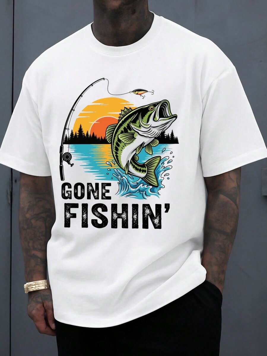 2026 New Men's T-Shirt, Plus-Size Men's T-Shirt, Large Size T-Shirt, 100% Cotton, Men's 'Gone Fishin' Fishing Adventure T-Shirt,  White Version, Features Patterned Design, Casual Breathable Material, Round Neck, Short Sleeves, Stylish Summer T-Shirt, Machine Washable, Suitable For Daily Use, Plus-Size Mens Clothes, Graphic Tees Men, Graphic Tees, Funny Shirts, T-Shirts, Summer Clothes, Boyfriend Gifts - 白色 - 查看 1