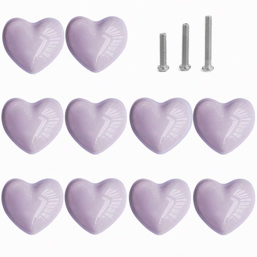 1/2/3/5/6/8/10/12/15/20pcs Ceramic Drawer Knobs Heart Shape Cabinet Dresser Pulls Handles With 3 Sized Screws, Kitchen Furniture Knobs For Closet Cupboard Wardrobe - Purple - View 1