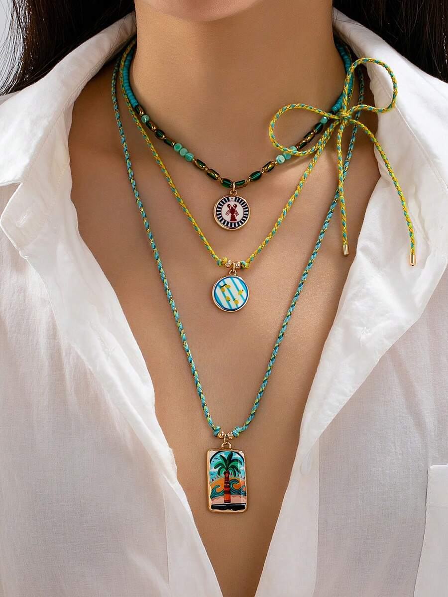 Juego de 3 collares boho de capas para mujer, collares de cadena de cuerda tejida a mano con colgante de esmalte, joyería bohemia de estilo tropical para uso diario - Conjunto de collar con colgante de cuerda tejida a mano - Ver 1