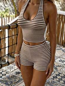 GAOVOT Women's Y2K Retro Striped Crop Top And High Waist Shorts 2 Pieces Outfit, Sporty Style For Summer Commute - Brown - View 1
