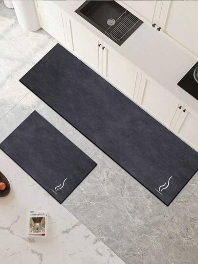 1pc Soft Rubber Water-Absorbing Kitchen Mat, 3.5mm Thick Absorbent Rug Carpet In Solid Charcoal Grey Background With Minimalist White Heat Line Symbol Decor At Bottom Right, Can Be Trimmed To Fit Kitchen Size