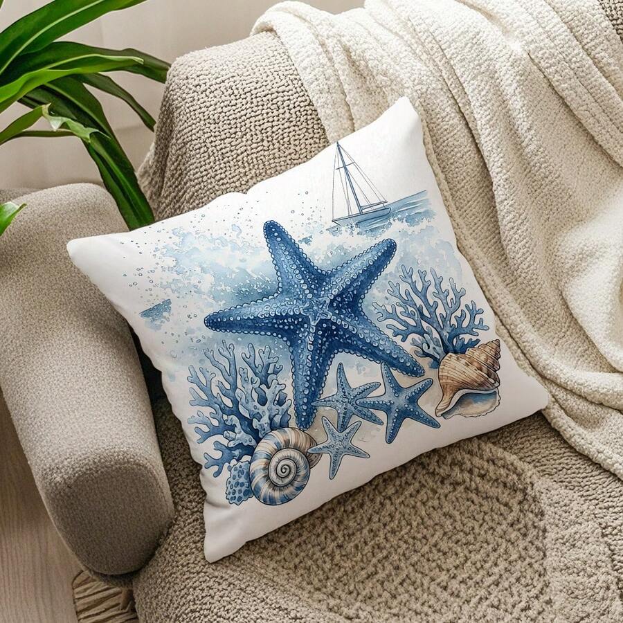 1pc Nautical Watercolor Style Pattern Pillow Cover, Single-Sided Printed Cushion Cover, Suitable For Living Room, Bedroom, Home Decor, All Season - Multicolor - View 1