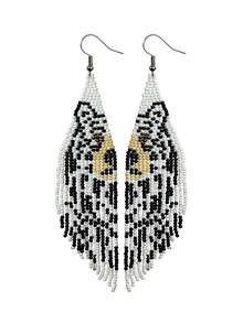 手工串珠流苏耳环，小熊图案，波西米亚风饰品，不锈钢耳钩，适合日常及节日佩戴 - 黑與白 - 查看 11