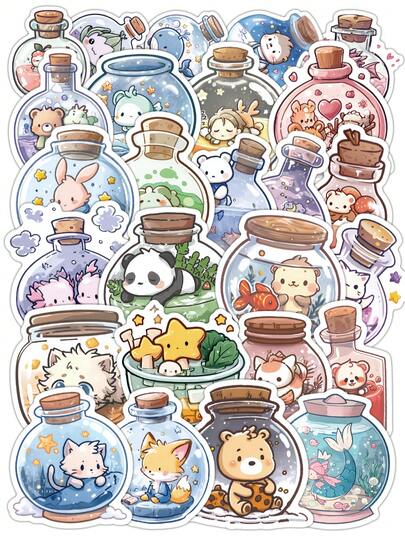 57 Pcs Healing Creatures In A Bottle Stickers – Cute Cartoon Animals In Glass Jars, Waterproof PVC For Journals, Scrapbooking, Water Botlle, Cups, Laptop & Gift Wrapping, Scrapbook Supplies, Desk Accessorries, Office Decor, School Supplies