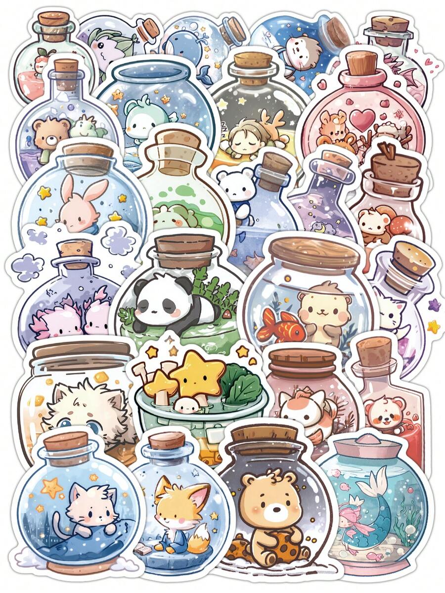 57pcs Healing Creatures In A Bottle Stickers - Cute Cartoon Animal Glass Jar Stickers, Waterproof PVC Suitable For Journals, Planners, Water Bottles, Cups, Laptops, Gift Wrapping, DIY Crafts, Desk Decor, School Supplies - Animal Bottle Stickers - View 1