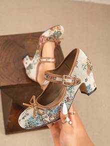 Spring And Summer Style, Random Animal And Floral Prints, Single Strap With Pin Buckle And Bowknot, Round Toe, Thick Heel, Rubber Sole, Vintage, Elegant And Fashionable, Women's Mary Jane High Heels, Suitable For Party/Wedding/Christmas/Autumn And Winter/Evening Dinner/Work/Back To School/Dating/Daily Wear/Dress Ball/Outdoor Activities - 棕色 - 查看 1