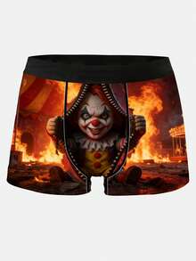 1 Pack Of Novelty Men's Shorts, Dark-Themed Fire-Themed Clown Print Men's Boxers, Urban Street Fashion-Oriented Print Men's Shorts, Knitted Fabric, Breathable And Sweat-Wicking, Soft And Gentle To The Skin, Playful And Adorable For Casual Home Wear Men's Boxers. - Multicolor - View 3