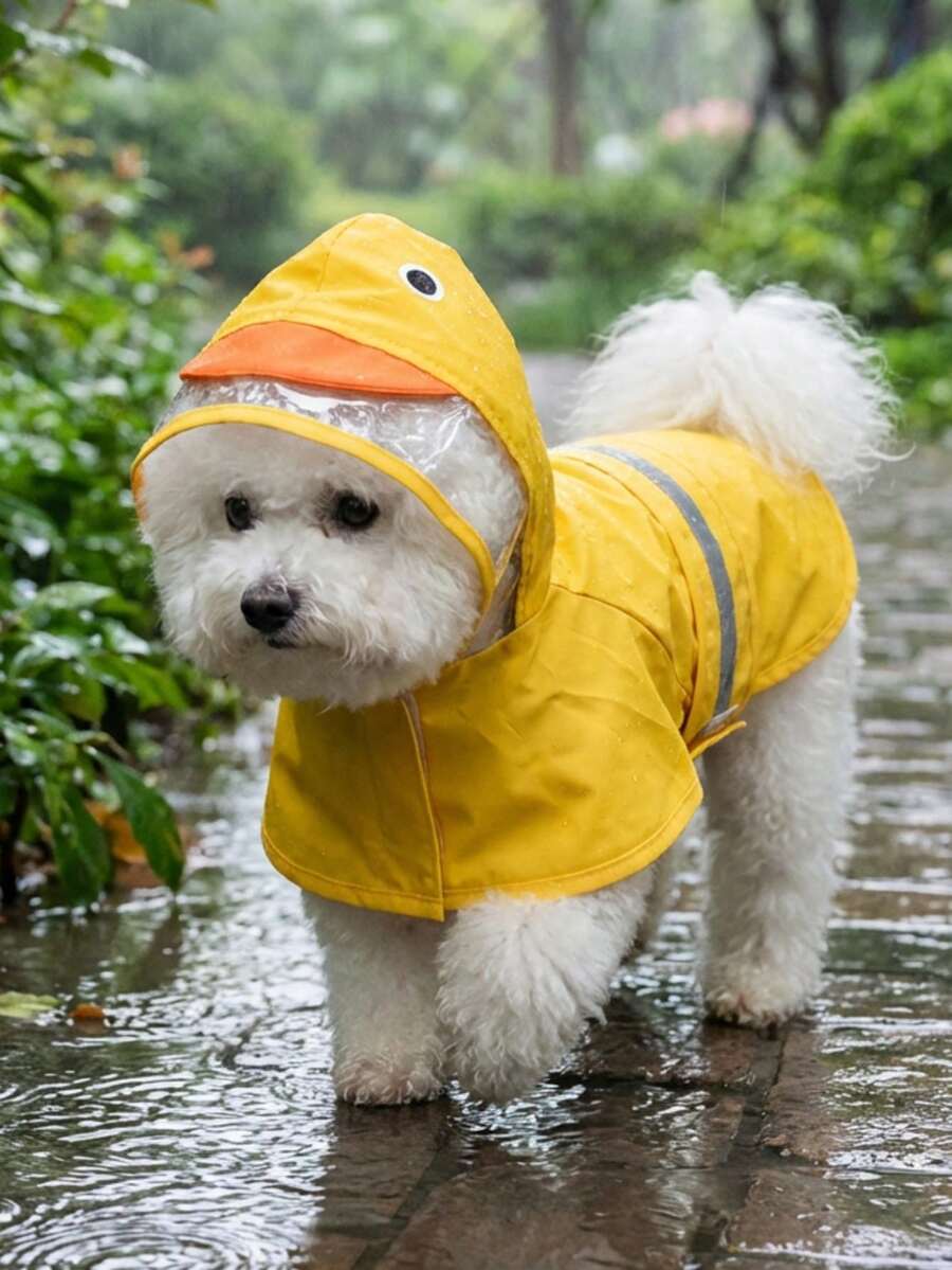 PETSIN 带帽防水狗狗雨衣，配有透明帽檐和反光条，可爱鸭子、青蛙、鲨鱼图案，适合户外散步和雨天穿着。