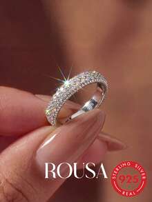 1pc 925 Sterling Silver Triple Row Full Diamond Edged Ring, Suitable For Women, Elegant Crystal Earrings, Luxury Jewelry - Silver - View 12