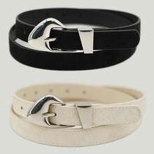 3/2/1pc Pack Women's Suede Belt Set Minimalist Design With Vintage Gold/Silver Buckle Icy Blue Tomato Red Lime Sorbet Blush Pink Belts For Summer And Holidays - A - View 11